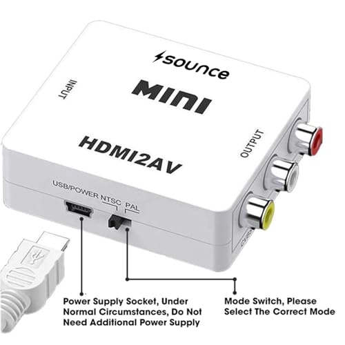 Sounce HDMI to RCA, AV, 1080P HDMI to 3RCA CVBS AV Composite Video Audio Converter Adapter Supports PAL/NTSC with USB Charge Cable for PC Laptop HDTV DVD - White