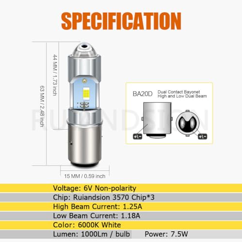 Ruiandsion 1 BA20D H6 6V LEDoCNpwbhCgou - Hi/Lor[A6000KFAXN[^[/ATVANZT[AvWFNVYAtHOv݊