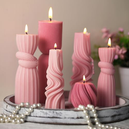 Threlaco 6 Pcs Pink Pillar Candles Decorative Modern Aesthetic Ribbed Candle Set Cute Soy Wax Scented Ribbed Decor Valentine's Commemorative Gift for Home Decoration(2.36-6.69 Inch)