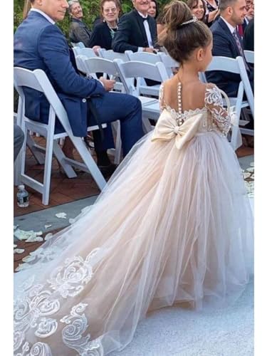 Long Sleeve Flower Girls Dresses Lace Tulle with Bow-Knot Tutu Pageant Dress for Wedding Princess4