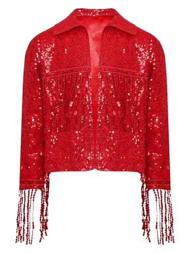 Kids Girls Sparkly Sequin Jacket Coat Fringed Long Sleeve Open Front Cardigan Disco Dance Tops Outerwear3