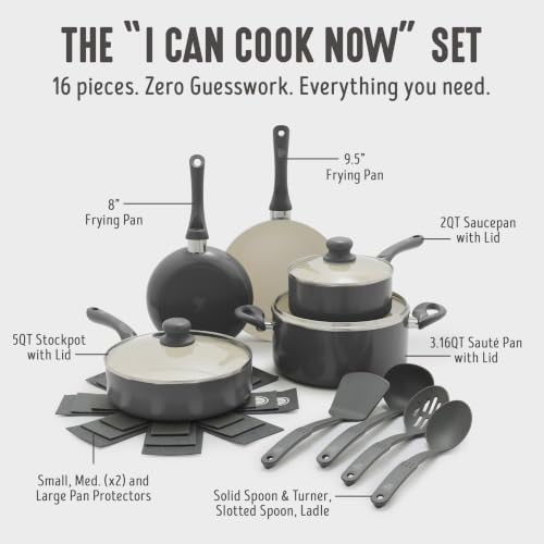 Image of GreenLife 16-Piece Nonstick Cookware Set, Non-Toxic Ceramic Pots and Pans Set, Durable Healthy Kitchen Essentials, Fast Heating, Induction Ready, Easy Clean Dishwasher Safe, PFAS-Free, Graphite Black