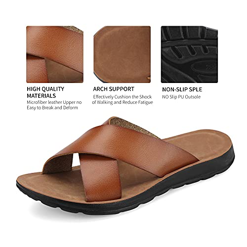 Phefee Men's Sandals Cross Slides Soft Cushion Footbed Comfort Leather Sandals Indoor Outdoor Beach Sandals (Khaki 44) #TOP3