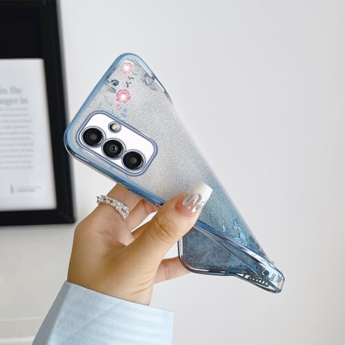 Image of for Samsung Galaxy A13 5G Case, A13 Phone Case for Women Gradual Change Glitter Crystal TPU Stylish Butterfly Floral Heart Clear Protective Cover with Strap for Samsung Galaxy A13 5G Blue