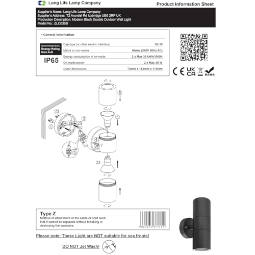 2 X Black Stainless Steel Double Outdoor Wall Light IP65 Up Down Garden Wall Lamp ZLC035B