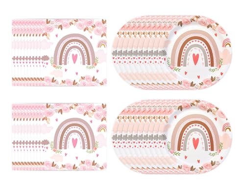 40Pcs Rainbow Party Tableware Set, Pink Paper Plates Tableware, 20Pcs Rainbow Napkins + 20pcs Birthday Party Plates, Disposable Dinnerware Party Supplies for Boys Girls