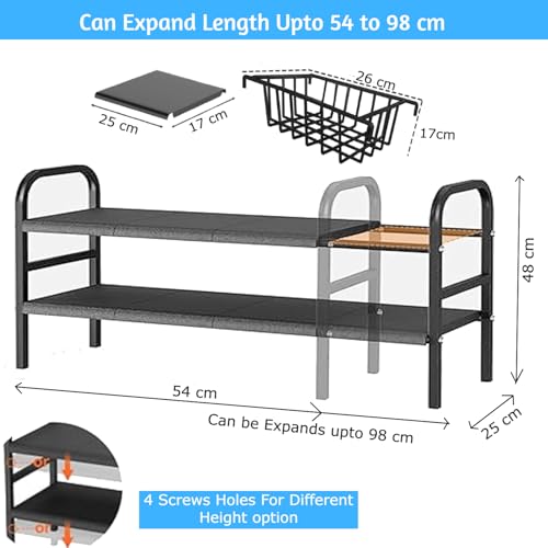 Image of Hukimoyo 2 in 1 Under Sink Storage Organizer 2-Tier Kitchen Organizer Shelf Expandable 54-98cm Kitchen Over Sink Dish Drying Rack with Utensil Holder Stand Space Saving Rack for Counter