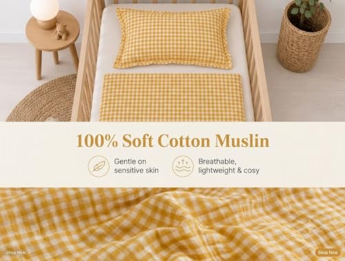 Image of TISU Toddler Crib Duvet Cover Sized 47 x 59 inch Gingham Patterned Soft Muslin Double Gauze Bedding Boy Girl Nursery Kids Sheet Bedsheets (Mustard Gingham /Toddler)
