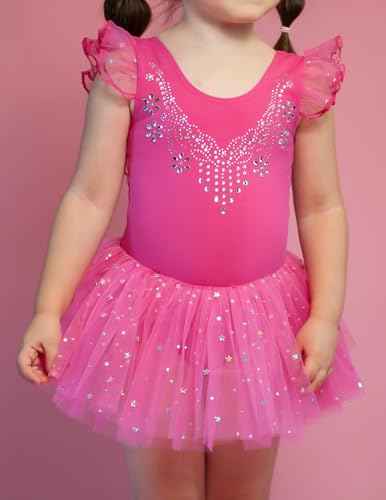 Zaclotre Kid Girls Ruffle Sleeve Ballet Skirted Leotard Shiny Dance Tutu Dresses Hot Pink