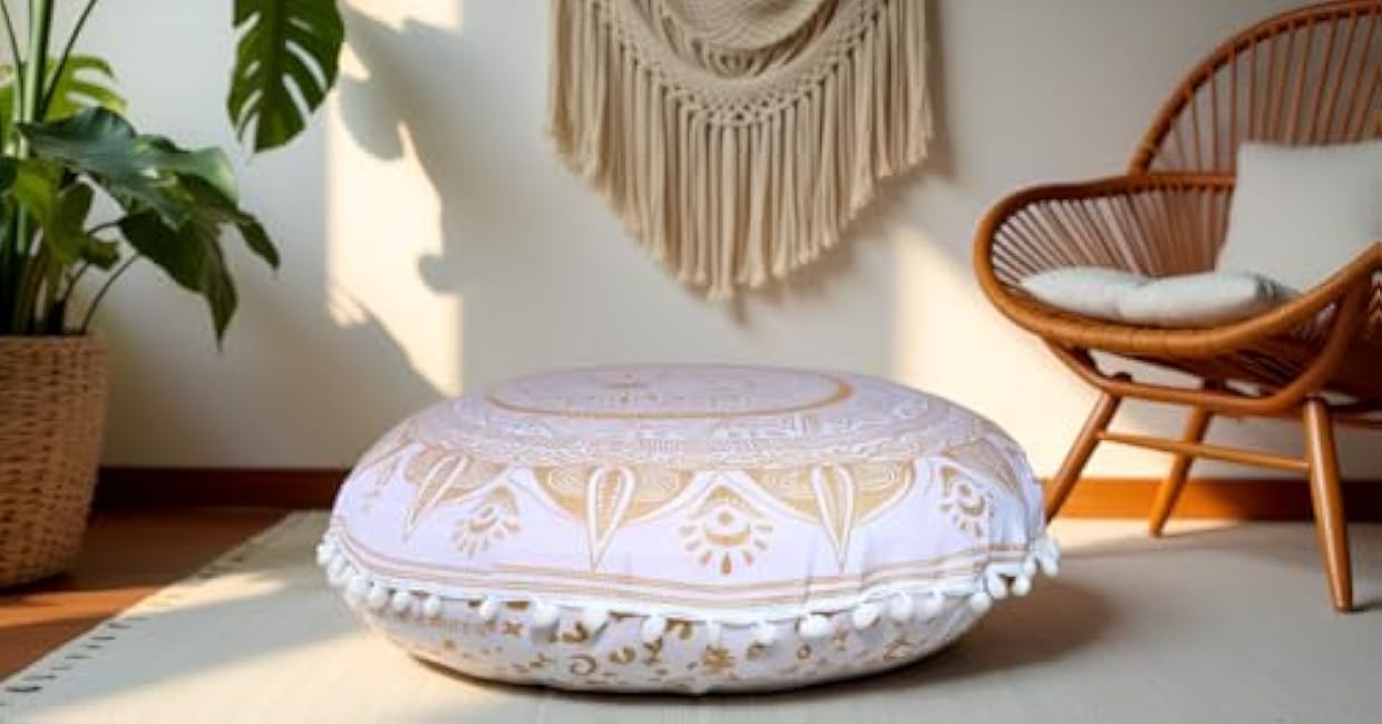 Round Mandala Floor Pillow Cover Seating Cushion Throw Cover Hippie Decorative Bohemian Ottoman Pouf Cover, Pom Pom Pillow Cases,Boho Indian 22 Inches (Gold trishol)