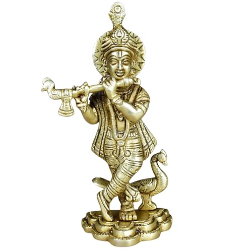 Image of 100% Pure Brass Lord Krishna Idol with Flute (Size:16cm, 600grams) | Shree Lord Krishna Statue for Home Decor | Sri Krishna Idols Gift for House Warming Ceremony or Office Desk