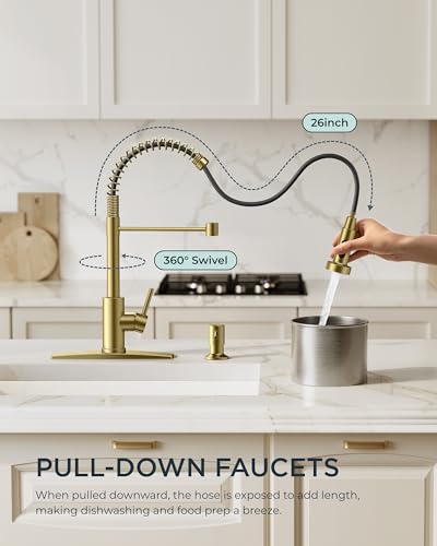 Image of FORIOUS Gold Kitchen Faucet with Pull Down Sprayer, Stainless Steel Commercial Single Handle Classic Spring Pull Out Sink Faucet for Pot Filler, Farmhouse Camper Bar Laundry Room