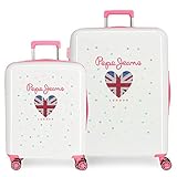 Maleta de cabina de 55 cm x 40 cm x 20 cm con capacidad de 38,4L y pesa 2,9 kg + maleta de 70 cm x 48 cm x 26 cm con capacidad de 81L y pesa 4,2 kg. Fabricadas en ABS, un material rígido y ligero.