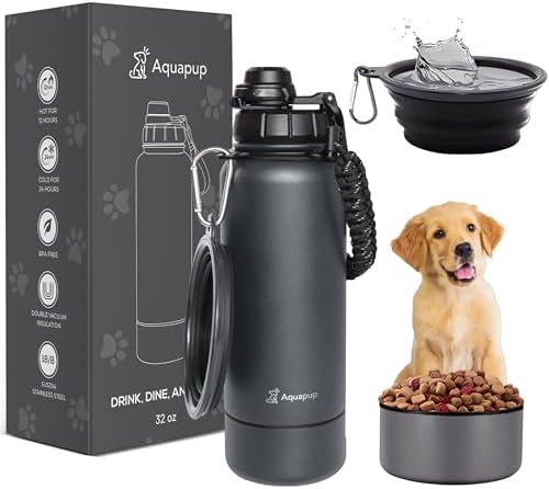 Portable Dog Water Bottle & Bowl- Stainless Steel, Scratch Resistant, Detachable Storage, 32 oz, Leak Proof, Double Vacuum Insulation- Good for Pets Outdoor Walking, Hiking, Travel, Food