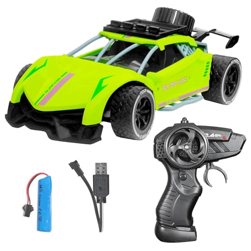 Image of joybox 1:16 Scale RC Racing Car, 2.4GHz Remote Control, Anti-Skid Rubber Tyres, Neon Green with Rear Spoiler and Roof Rack, with Mist Spray