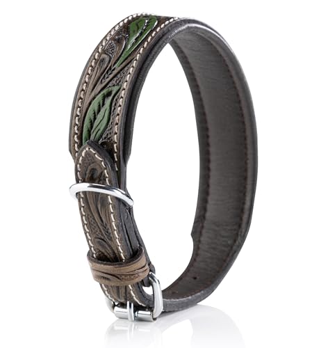 Jack & Russell Unikat Hundehalsband aus Leder, Hand-geschnitzt & gepolstert– Halsband aus Büffelleder, Hunde Lederhalsband braun/dunkelgrün Hailey (M (31,5-42,0cm))