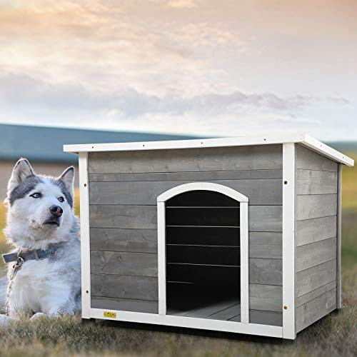 Sandinrayli Wood Dog Houses for Dogs, Weatherproof Outside Dog Kennel with Door Slanted Hinged Roof (Grey) - Thumbnail 4