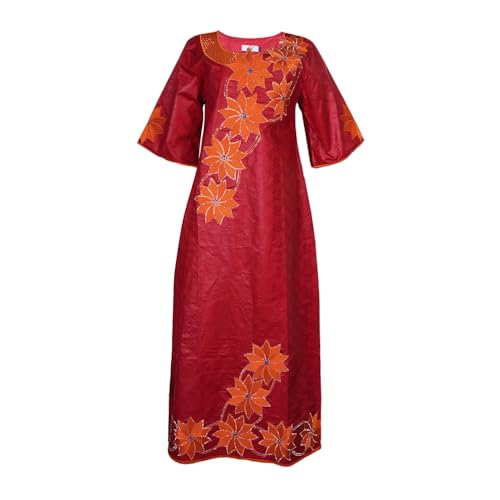 Image of HD African Bazin Riche Maxi Dress for Woman Traditional Embroidery Dashiki Dresses with Head Wraps