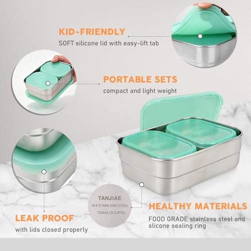 Image of Tanjiae 3 CUP+1 CUP Stainless Steel Lunch Snack Containers Set | Leak Proof 304 Stainless Steel Food Containers with Silicone Lids - Perfect Metal Lunch Box for Home and Travel (25oz+8oz*2)