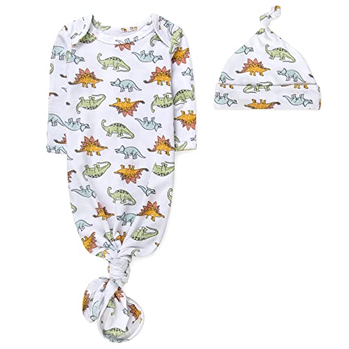 Image of Baby Girl, Boy Knotted Infant Sleeper Gown with Headband or Hat, Baby Coming Home Outfit for Boy Girl Fall Winter 0-6 Months (Dinosaur Party)