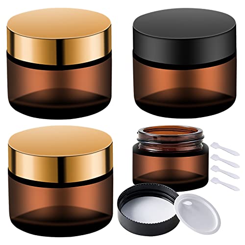 GZcaiyun 4 Pcs Pot en Verre Brun, Récipients Cosmétiques Verre, 50ml Pot Vide Cosmétiques pour Cosmétiques Crème Lotion Huile Essentielle, Couvercle Noir, Couvercle Doré, avec 4 Spatules
