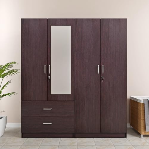 Image of VIKI Wardrobe |Wooden Almirah for 4 Door 2 Drawer with Shelves & Hanging Space Mirror Wardrobe (Dark Wenge - 40D x 160W x 180.8H) | 1 Year Warranty | Free Assembly