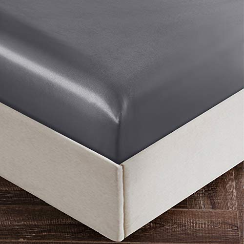 Image of SiinvdaBZX 3-Piece Set Satin Queen Fitted Sheet & 2 Pillowcase, Grey Silky Soft Fitted Bottom Sheet, Wrinkle Free, Fade Resistant, Deep Pocket Bed Sheet (Deep Up to 15 inch)