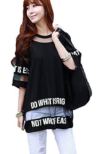 Leiwo Women's Lady Summer Korean Short Sleeve Lace Loose Splice Thin T-Shirt Black 2XL