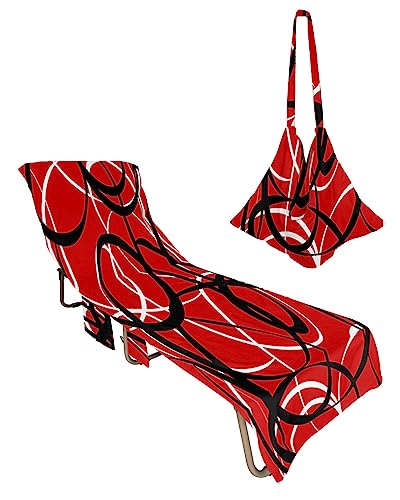 Red Black White, Beach Lounge Chair Towel Cover, Soft Chaise Lounge Towel with Side Pockets Patio Pool Chairs Cover for Beach/Pool Sunbathing 29x85 Abstract Minimalist Geometric Stripes