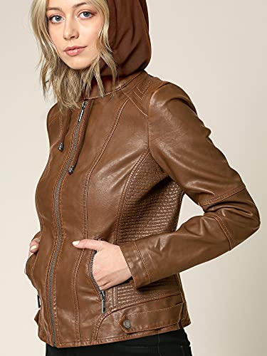 Lock and Love Women's Faux Leather Moto Biker Jacket Coat with Removable or Non-Removable Hood