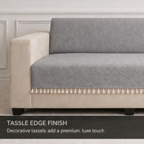 Image of STITCHNEST Jute Sofa Cover - Grey, 48x60 Inch | Soft Textured Fabric with Tassel| Full Coverage Sofa for Living Room Decor