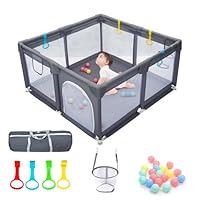 Baby Playpen for Babies and Toddlers, Durable Play Pen with Visible Breathable Mesh, Foam Protection, Easy to Assemble Infant Fence with Travel Bag -128 ×128cm (Dark Grey, 128x128cm Bag)