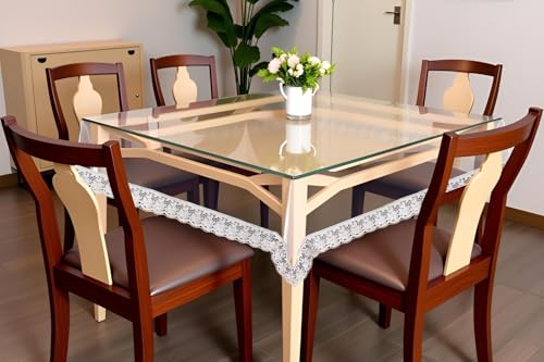 Image of The Furnishing Tree Square Shaped 4 Seater Transparent Table Cover WxL 60x60 inches 0.25 mm Thickness with White Lace