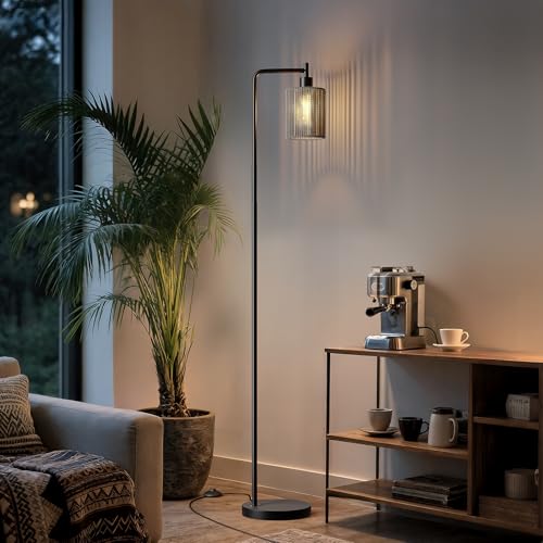 Image of Oneach 66 inch Black Floor Lamp for Living Room, Boho Floor Lamp with LED Bulb, Foot Switch, Gray Rattan Shade, Industrial Tall Farmhouse Standing Lamp for Bedroom, Dining Room, Study Room, Office