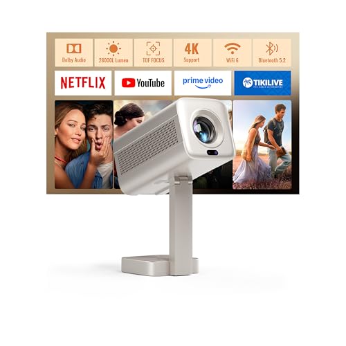 Smart Mini Beamer 4k [Kompatibel mit Netflix & Dolby Audio] VOPLLS TOF Autofokus/Trapezkorrektur 28000 Lumen Projektor, WiFi6 Bluetooth Full HD 1080P 210° Drehbar Beamer Heimkino/Outdoor für Handy/PC