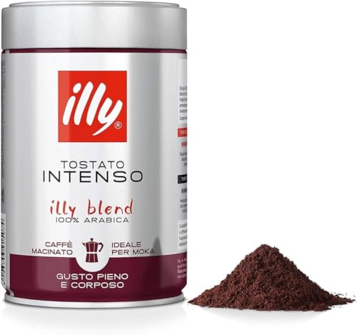 illy, Caffè Macinato per Moka Tostato INTENSO, 100% Arabica con Note di Cacao e Frutta Secca, Retrogusto Pieno e Corposo, Confezione da 250g