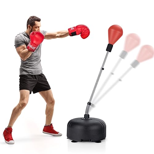 COSTWAY Punching Ball sur Pied Réglable en Hauteur 140-158 cm avec Gants Sac de Frappe Boxe Base Lesté avec Ventouses pour Enfants/Adultes (Rouge)