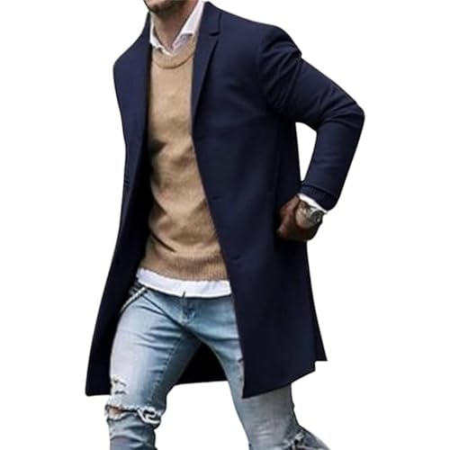 Men Wool Blend Single Breasted Overcoat Winter Slim Long Trench Coat Mid-Length Lightweight Notched Collar Jacket