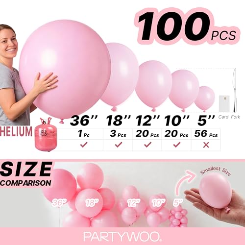Image of PartyWoo Baby Pink Balloons 100 pcs Different Sizes of 36 18 12 10 5 Inch Pastel Pale Light Pink Balloons Arch Kit Garland for Baby Shower Gender Reveal Birthday Princess Party Decorations Pink-Q05