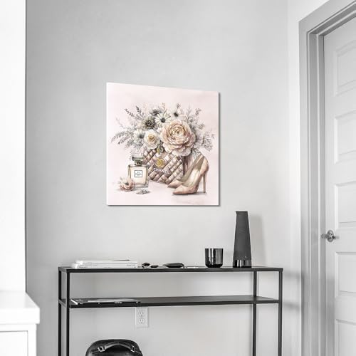 Image of cozy country Chanel-Inspired Canvas Wall Art - 20x20 Inches Luxury Fashion Artwork Print, Featuring Perfume, Handbags, High Heels & Flowers, Perfect for Bathroom & Women's Room Decor