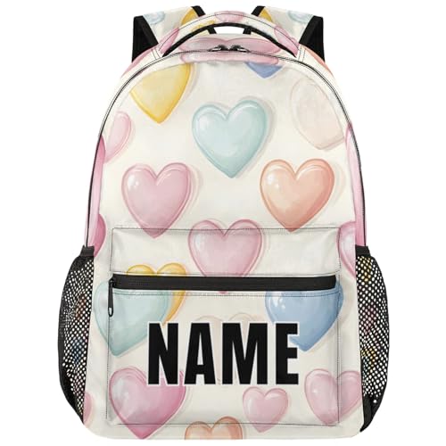 Custom Colorful Heart Backpack with Name Personalized Waterproof Casual Daypack Rainbow Romantic Customize Laptop Backpacks for Women Men