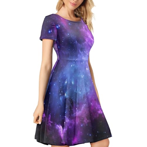 Image of Forchrinse Purple Galaxy Space Dress for Women 3D Galaxy Sexy Tunic Dress Loose Fit Short Sleeve Flowy Swing Dress A Line Tank Dress Skater Dress for Wedding Party, XX-Large
