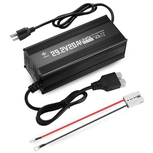LiFePO4 Battery Charger 24V 20A Output 29.2V with Anderson Connector and M8 Adapter Cable for Deep Cycle Rechargeable LiFePO4 Lithium Batteries Charging