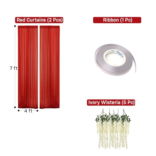 Image of Party Propz Red Backdrop Decoration with Artificial Ivory Wisteria Flower- 8 Pcs, Backdrop Cloth for Decoration Pooja, Pooja Background Decorations Items, Wedding and Haldi Decorations (Satin Mix)