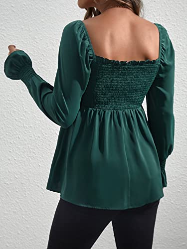 Wdirara Women's Maternity Shirred Frill Trim Ruffle Hem Long Sleeve Maternity Blouse Top Dark Green L #TOP1