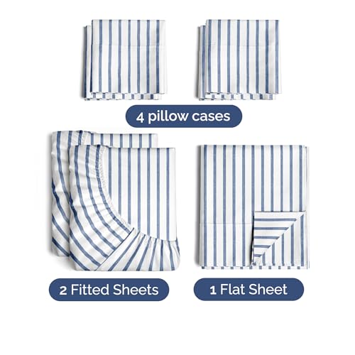 Image of Split King 7 Piece Bed Sheet Set - Breathable & Cooling - Blue Stripes | Ultra-Soft Hotel Luxury Bedding Set w / 8-16 Inch Deep Pockets, 1 Flat & 2 Fitted Sheet & 4 Pillowcases, Wrinkle & Fade Free