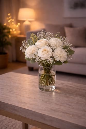 Image of Divyakosh Artificial White Flower Bouquet with Roses & Chrysanthemums, Pooja Room Decoration Items & Craft Interior Props (Vase Not Included)