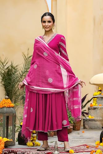 Image of GoSriKi Women's Cotton Blend Printed Anarkali Kurta with Pant & Dupatta | Ethnic Wear for Women | Indian Casual Office Daily Summer Outfit