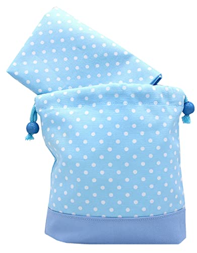 miwaki 給食袋 巾着袋 ランチョンマット コップ袋 マチあり 小学校 幼稚園 保育園 日本製 手作り お名前タグ付き パステルカラー 水玉 ブルー 2点