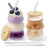 xuefenfei 530ml Verres à Bulles Avec Paille, Lot de 2 Verre Matcha, Tasses en Verre Nervuré Café avec Brosse, pour Latte Macchiato, Café Glacé, Thé, Glace, Lait, Jus, Soda